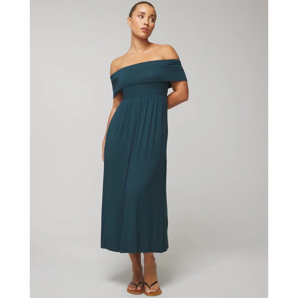 Soma Midi Bra Dress Medium Teal Green Off The Shoulder Pocket Jersey Casual Boho